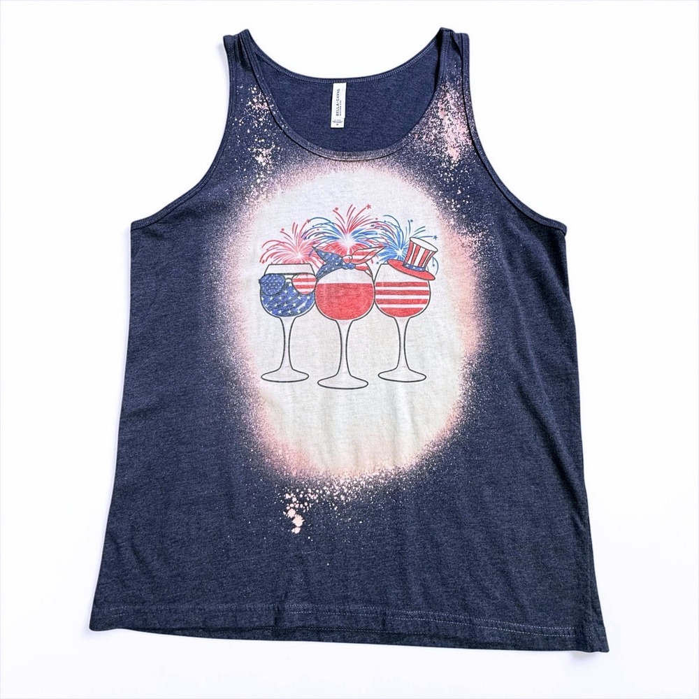 Bella Canvas Womens Patriotic Wine Glass Bleached Graphic Tank‎ Top Navy Medium - Picture 2 of 8